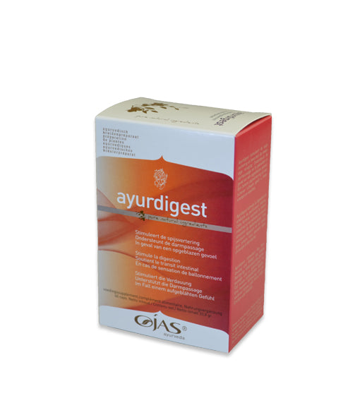 Ojas Ayurdigest capsules, herbal supplement from Ojas, showing a bottle of 60 capsules with natural product packaging.