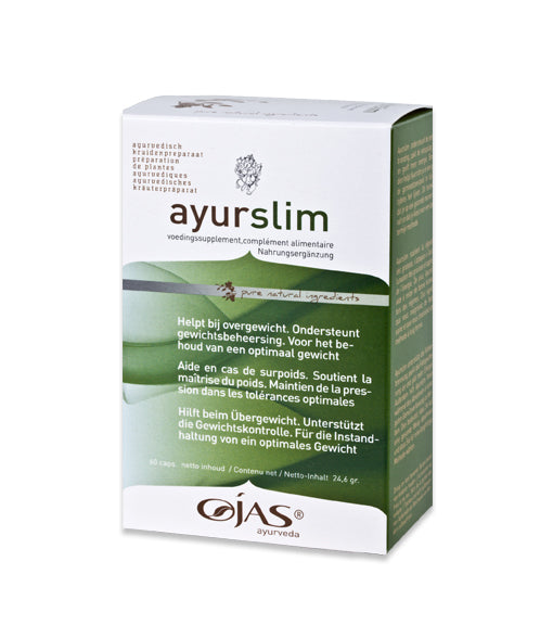 Ojas Ayurslim capsules in a bottle, herbal supplement, natural kruidpreparaten product for wellness and health.