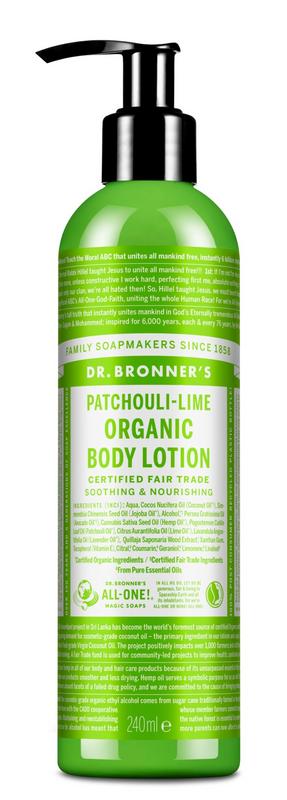 Dr Bronners patchouli lime body lotion bottle, 240ml, with a colorful label, used for skincare and moisturizing.