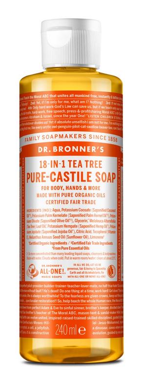 Dr Bronners Liquid Soap Tea Tree in 240ml bottle, natural plant-based soap with tea tree oil for cleansing and freshness.