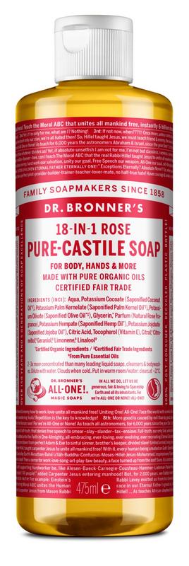 Dr Bronners liquid soap in a 475ml bottle, showcasing the natural Zeep product with a clean, minimalist design.