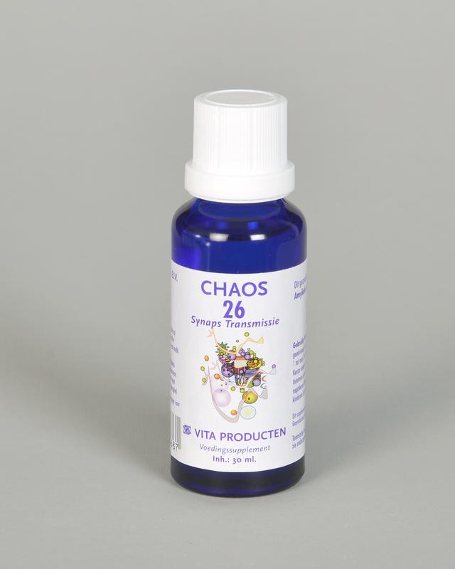 Vita Chaos 26 synaps transmissie herbal supplement in a 30ml bottle, with herbal ingredients and packaging visible.