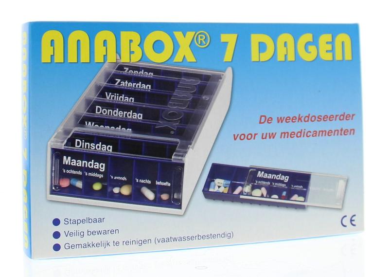 Spruyt Hillen Anabox 7 dagen medicijnbewaardozen in blauw, 1 stuk, designed for organizing weekly medication doses.