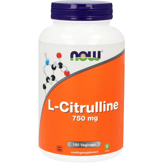 Vegetarian NOW L-Citrulline 750mg amino acid capsules, 180 count, shown in a clear bottle with label and capsules inside