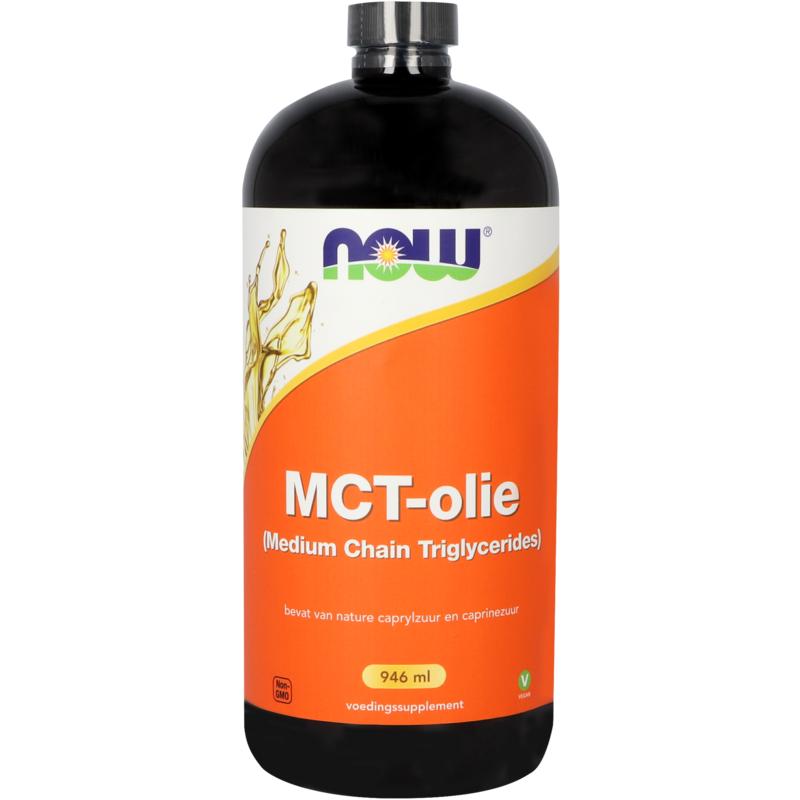NOW MCT olie in 946ml bottle, a medium chain triglyceride supplement from NOW, showing the clear, golden liquid in the container.