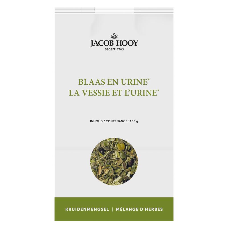 Jacob Hooy Blaas en urine kruiden mix in a 100g package, containing herbal blend for urinary health.