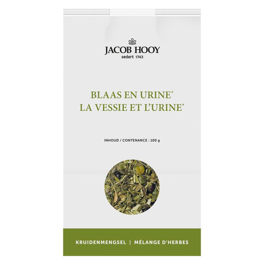 Jacob Hooy Blaas en urine kruiden mix in a 100g package, containing herbal blend for urinary health.