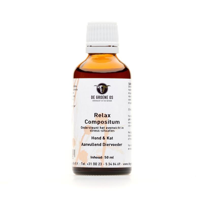Groene Os Relax compositum voedingssupplement voor hond en kat in 50 ml fles, met natuurlijke ingrediënten for pet relaxation.