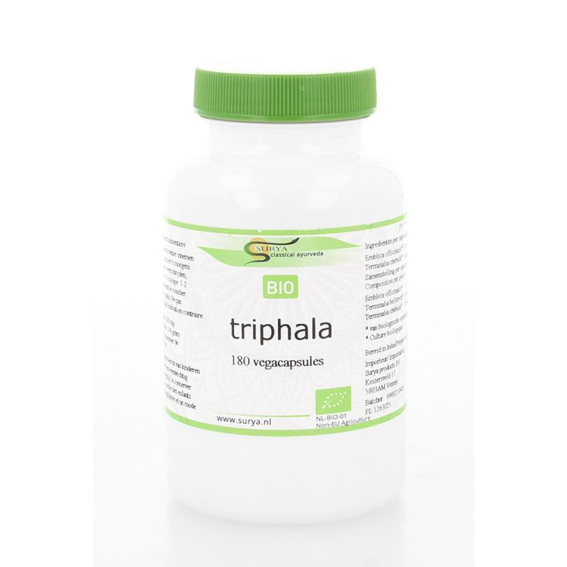 Surya Triphala bio vegetarian capsules, herbal supplement in a clear bottle with capsules visible inside.