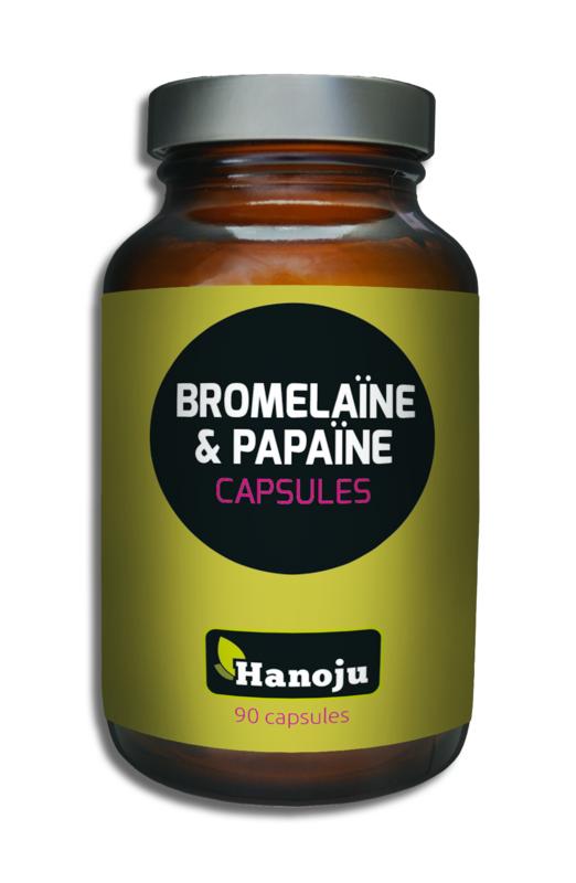Hanoju Bromelain and Papain capsules, 90 vegetarian enzyme and fiber supplement capsules, shown in bottle against a white background.