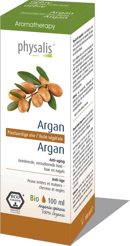 Physalis bio argan oil in 100ml bottle, natural body care product with golden liquid, ideal for skin nourishment and hydration.