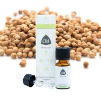 Chi organic coriander seed essential oil in a 10ml bottle, showcasing the amber glass container and label with product details.