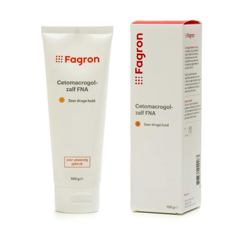 Fagron Cetomacrogol Zalf FNA body care cream in 100g box with leaflet, smooth cream texture visible in the image.
