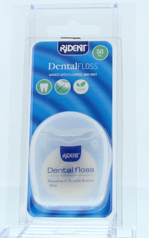 Rident Flossdraad mint-flavored dental floss 50 meters for oral hygiene and plaque removal, showing packaging and floss in use