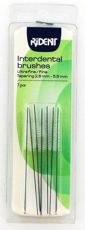 Rident interdental brush pack with 7 toothbrushes, 2.8-5.5mm diameter, for effective interdental cleaning.
