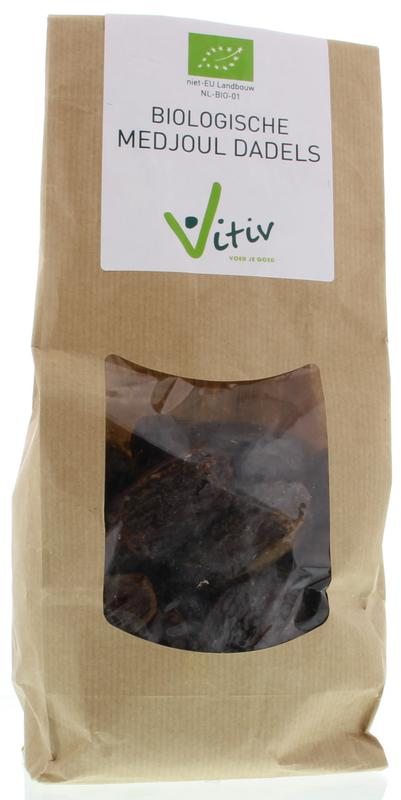 Vitiv bio medjoul dadels in 1kg package, fresh and plump with natural dark brown color, ideal for snacking or cooking.
