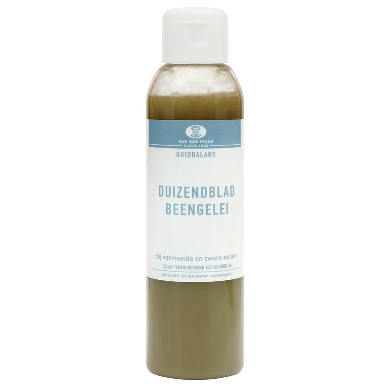 van der Pigge Huidbalans duizendblad beengelei in 150ml jar, shown with the product label and open container on a white background