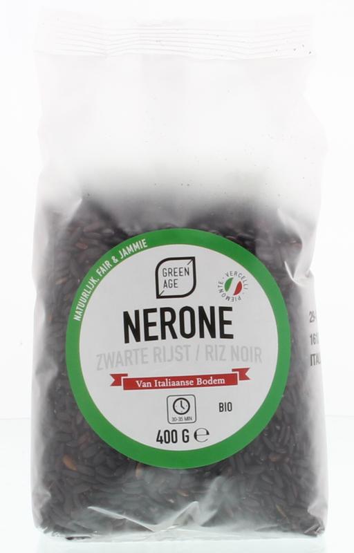 Greenage biologische zwarte rijst in 400g package, showcasing the dark, textured grains suitable for healthy pasta and rice dishes.