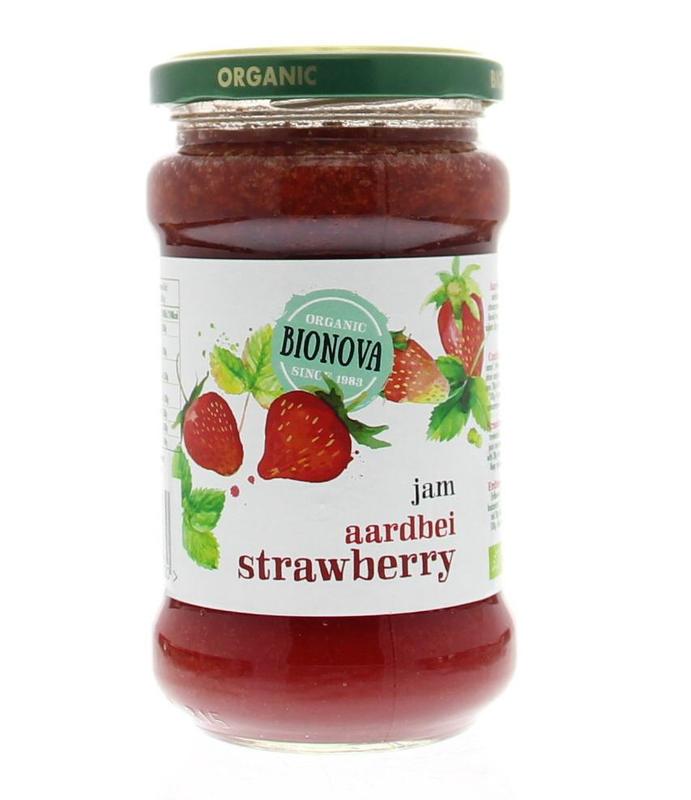 Bionova organic strawberry jam spread on bread, 340 grams, natural broodbeleg with fresh strawberry appearance.