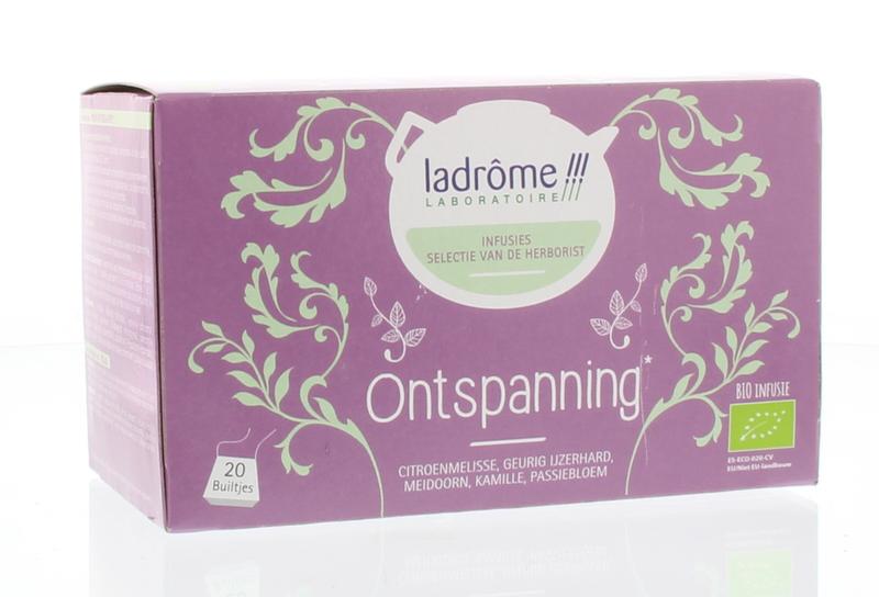 Ladrome ontspanningsthee relax bio, 20 zakjes, calming herbal tea with natural ingredients in a box.