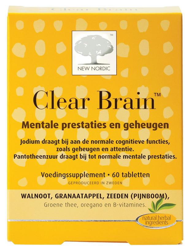 New Nordic Clear Brain herbal supplement tablets, 60-count, natural herbal preparation for cognitive support.