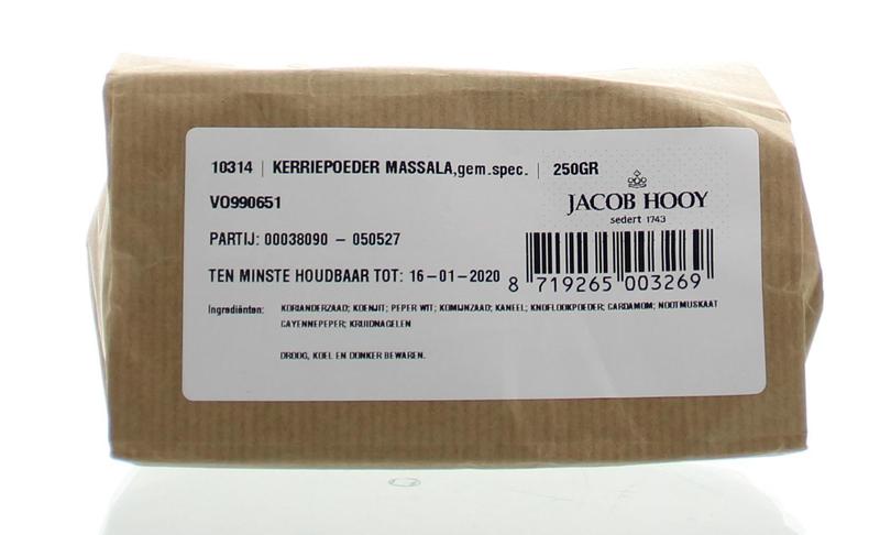 Jacob Hooy Kerriepoeder massala in a 250g container, aromatic spice blend for cooking, part of kruiden, zouten en maaltijdmixen.