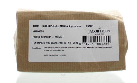 Jacob Hooy Kerriepoeder massala in a 250g container, aromatic spice blend for cooking, part of kruiden, zouten en maaltijdmixen.