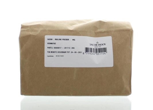Jar of Jacob Hooy Inuline, a 1kg herbal supplement, shown with a white background, highlighting the product label and packaging.