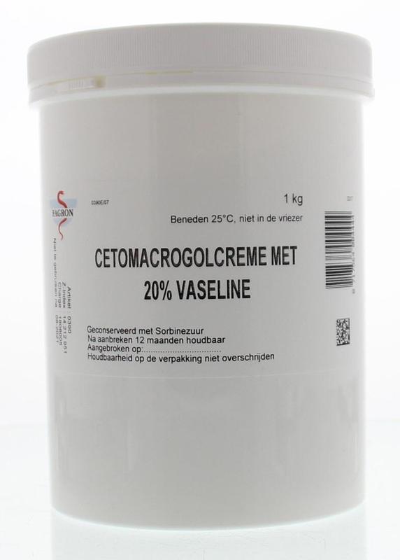 Fagron Cetomacrogol Creme 20% vaseline body care product in a 1kg container, showing the cream and packaging.