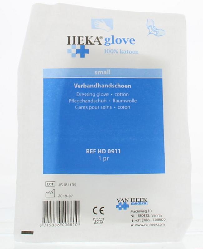 Pair of Heka Verbandhandschoenen size S, medical bandage gloves, shown as protective bandage clothing in the image.