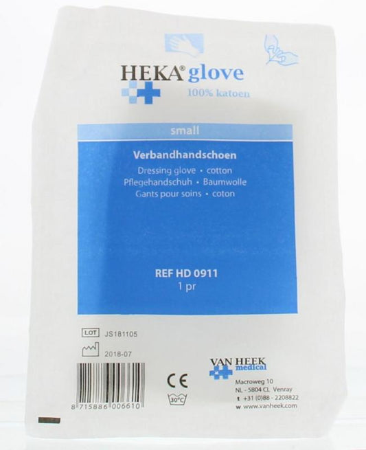 Pair of Heka Verbandhandschoenen size S, medical bandage gloves, shown as protective bandage clothing in the image.
