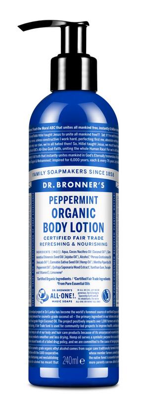Dr Bronners Peppermint Body Lotion in 240ml bottle, moisturizing body care with refreshing peppermint scent.