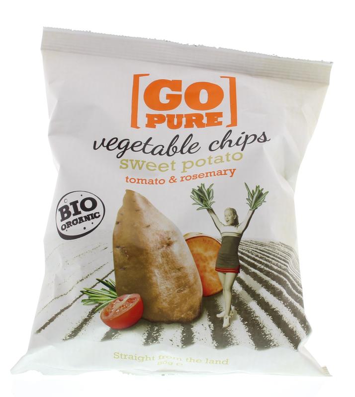 Go Pure sweet potato, tomato, and rosemary bio Chips en Zoutjes in an 80g package, showing crispy chips with herbs and sweet potato slices.