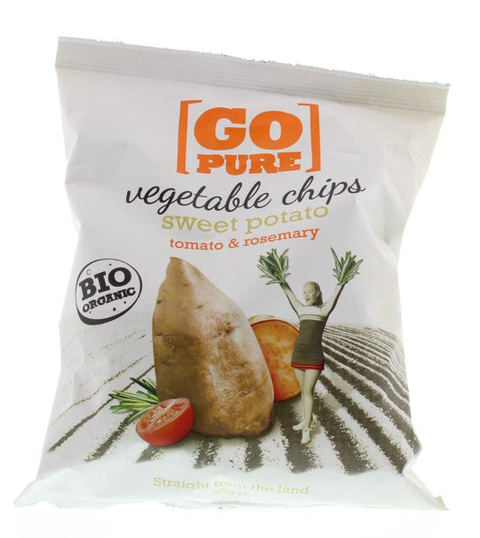 Go Pure sweet potato, tomato, and rosemary bio Chips en Zoutjes in an 80g package, showing crispy chips with herbs and sweet potato slices.