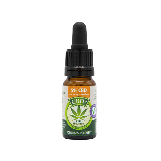 Jacob Hooy CBD Plus olie 5% in 10ml bottle, a herbal supplement with CBD for wellness and relaxation.