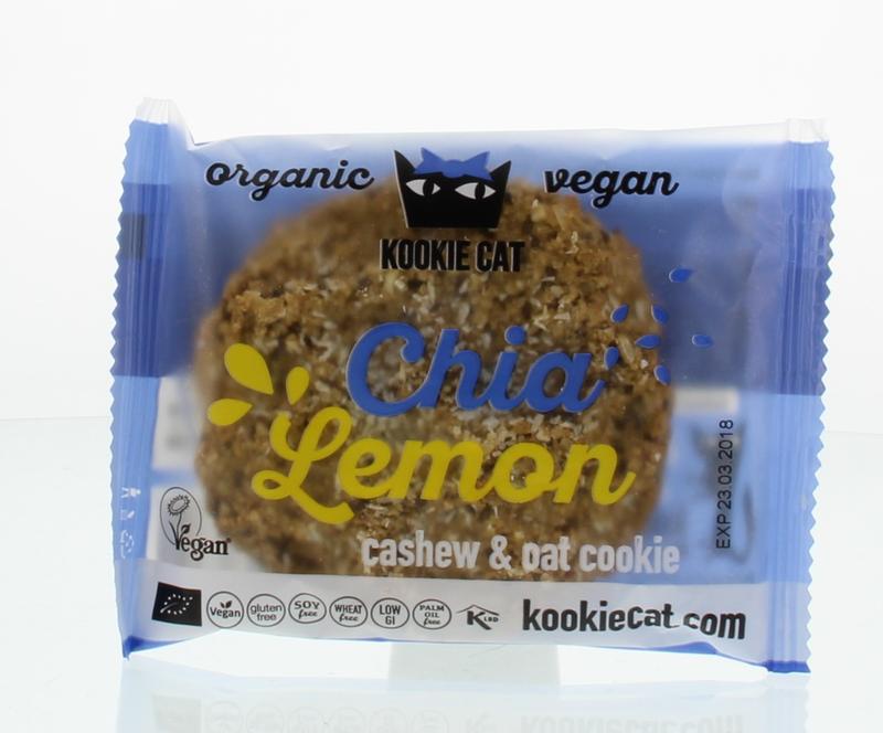 Kookie Cat Chia Lemon Bio koeken in 50g package, featuring lemon flavor and chia seeds, on a neutral background.