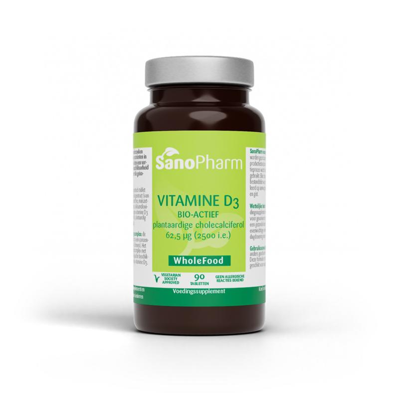 SanoPharm Vitamin D3 62.5mcg (2500 IE) tablets, dietary supplement for bone health, showing a bottle of vitamin D3 tablets.