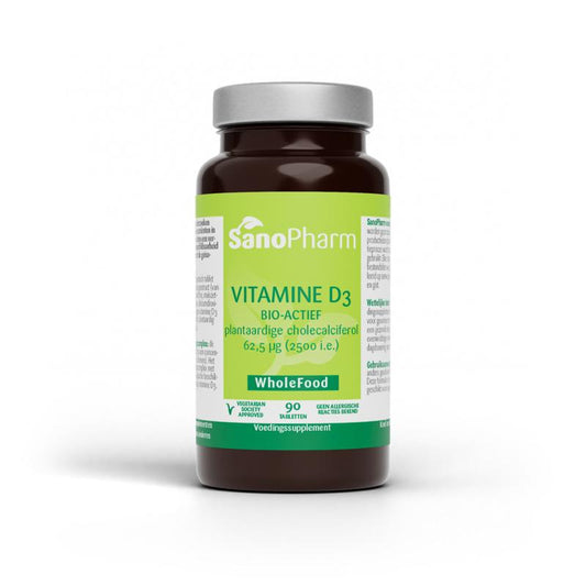 SanoPharm Vitamin D3 62.5mcg (2500 IE) tablets, dietary supplement for bone health, showing a bottle of vitamin D3 tablets.