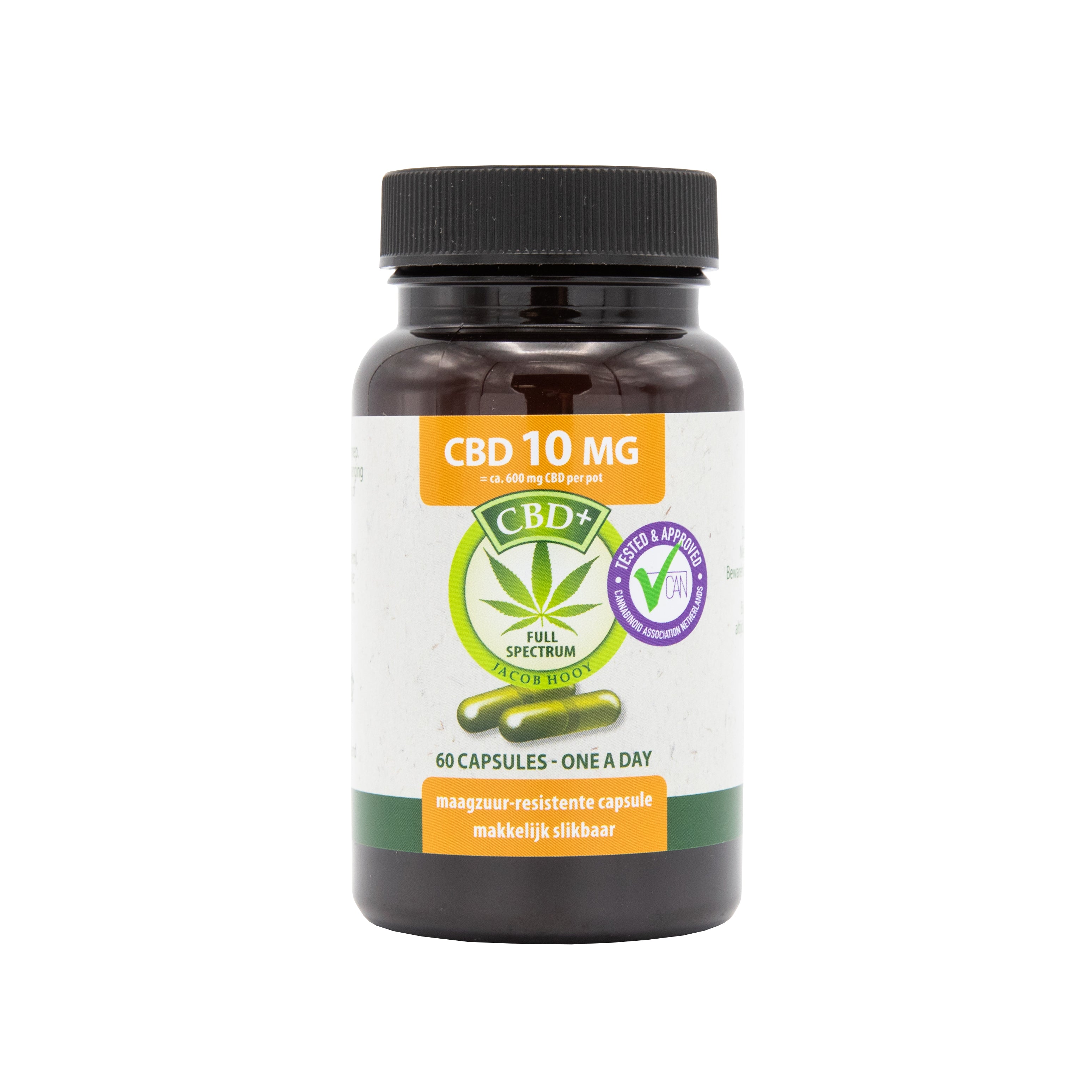 Jacob Hooy CBD 10mg capsules, herbal supplement in a clear bottle, with 60 capsules visible.