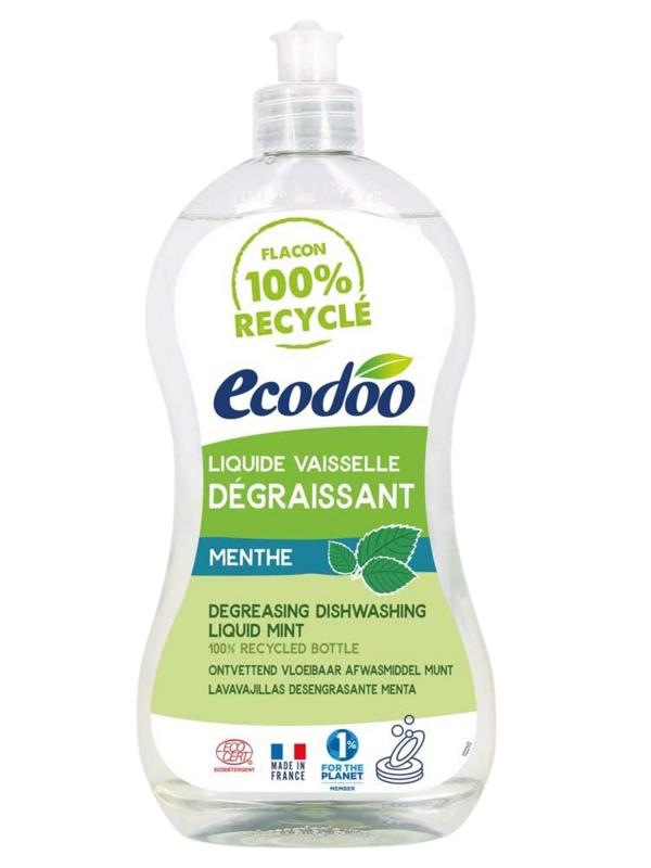 Ecodoo liquid dish soap with mint scent, eco-friendly and biodegradable, 500ml bottle for rinsing and cleaning dishes.