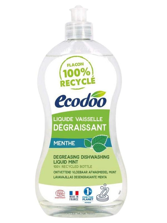 Ecodoo liquid dish soap with mint scent, eco-friendly and biodegradable, 500ml bottle for rinsing and cleaning dishes.