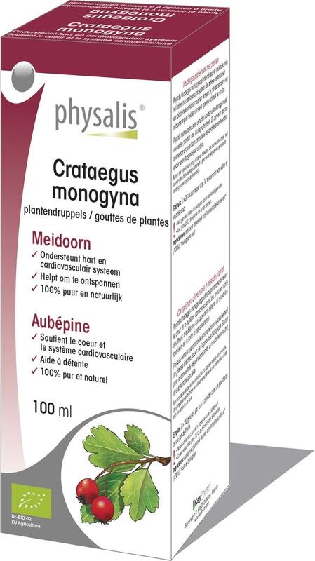 Physalis bio Crataegus monogyna herbal preparation in a 100ml bottle, featuring fresh herbs and natural ingredients.