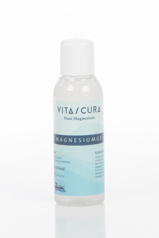 Vitacura Magnesium gel 100ml for body care, shown in a clear bottle with a white cap and label, on a neutral background.