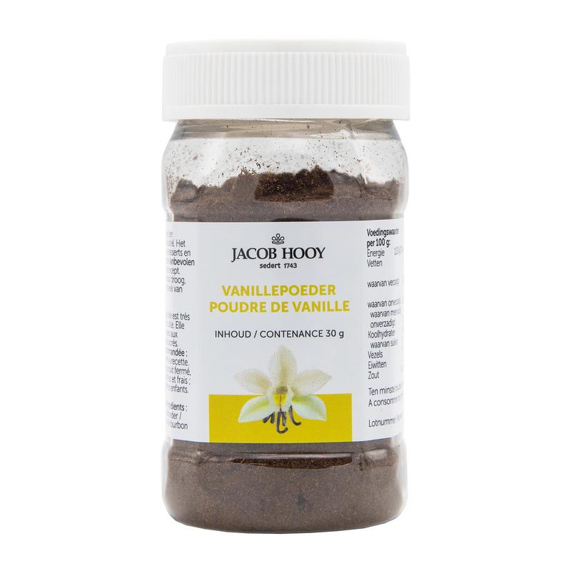 Jacob Hooy Bourbon Vanille Poeder in 30g jar, a natural vanilla flavoring for sauces and baking, showcased in the image.