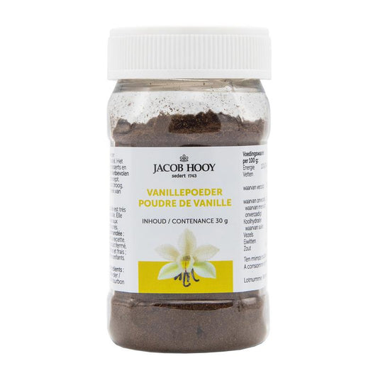 Jacob Hooy Bourbon Vanille Poeder in 30g jar, a natural vanilla flavoring for sauces and baking, showcased in the image.