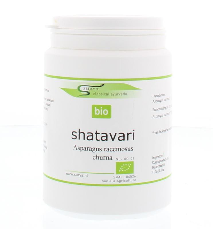 Surya Shatavari Churna Bio 100g, herbal powder in a clear jar with a white label, representing natural herbal supplement.