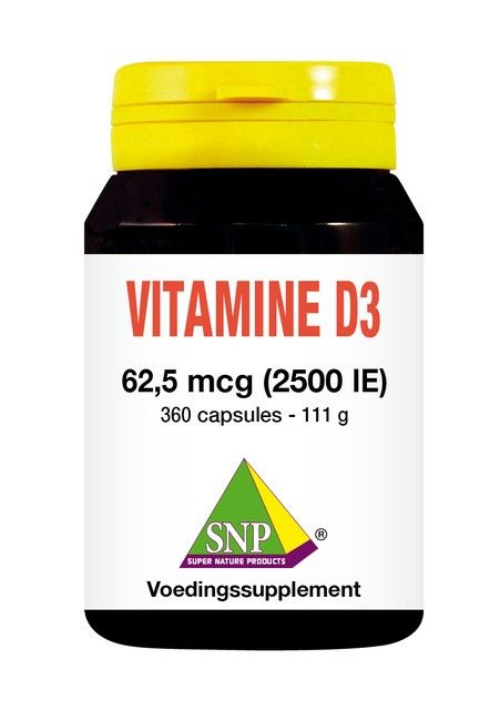 SNP Vitamine D3 2500IU 360 capsules, dietary supplement with orange and white bottle, showing the product label and capsules inside