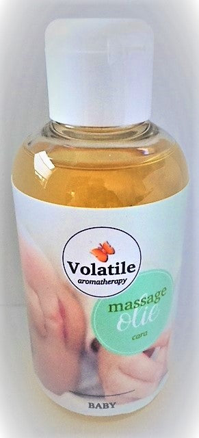 Volatile baby massage oil bottle with 150ml content, gentle body care product for infants, in clear packaging.