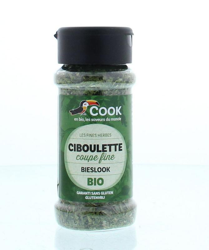 Cook Bieslook bio, 15g, organic chives in a small jar, fresh green chives visible, ideal for seasoning dishes.