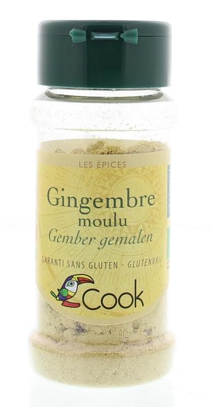 Cook Gember gemalen bio, 30g, organic ground ginger spice in a clear container, natural and aromatic for cooking and baking.